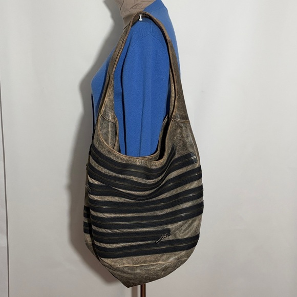 Alison Wood Bowery Hobo Leather Covered in Horizontal Black Zippers